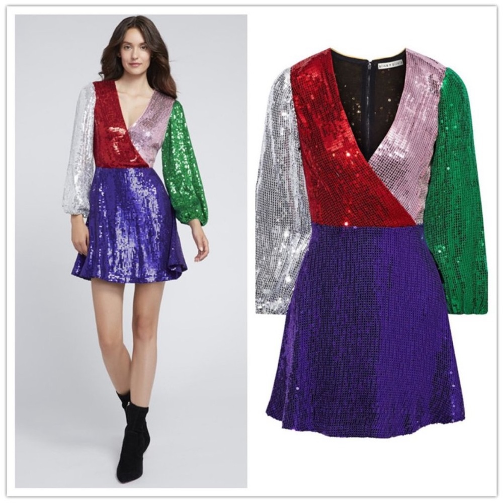 Alice + Olivia Multicolor Sequin Long Sleeve Dress